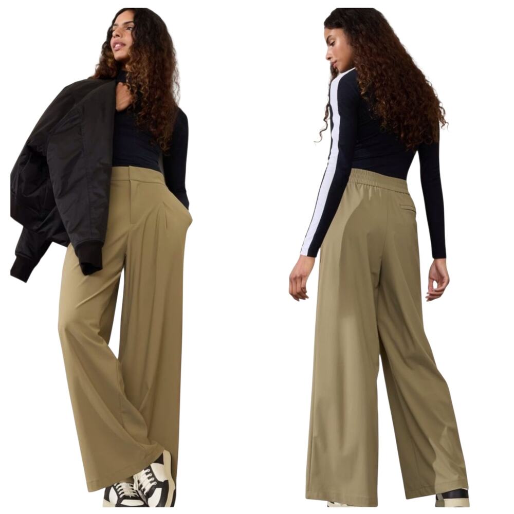 Athleta Pinnacle High Rise Trouser Khaki Wide Leg Flare Pants Women's 14 NWT